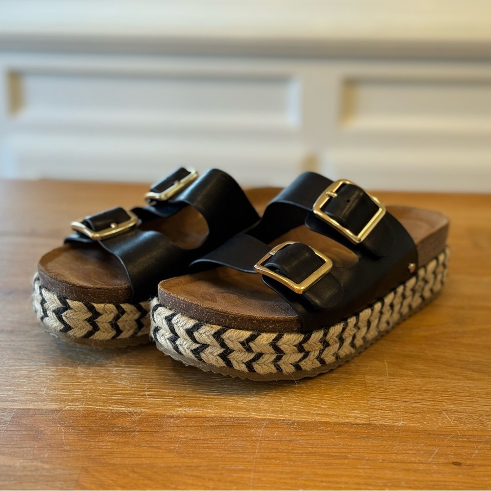 Sam Edelman Kade Black Espadrille Sandals with Gold Buckles